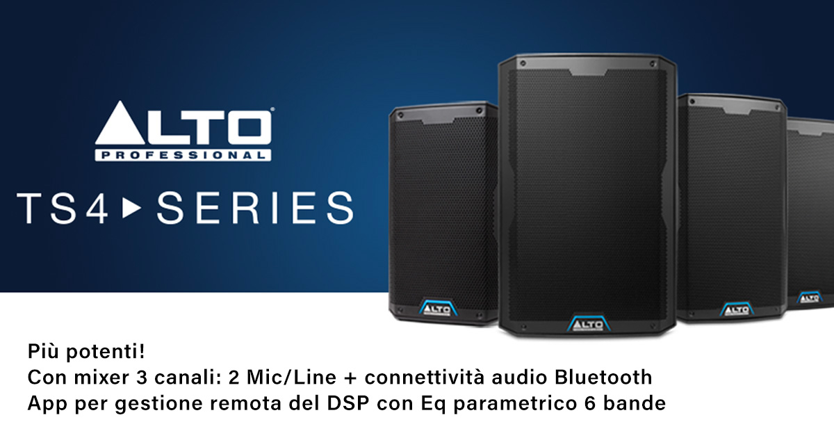 Alto Professional TS4 - Diffusori amplificati con mixer 3 canali (2 Mic/line + Bluetooth 5) controllo DSP via app iOS e Android Alto Professional TS4 - Diffusori amplificati con mixer 3 canali (2 Mic/line + Bluetooth 5) controllo DSP via app iOS e Android